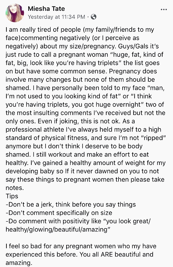 Miesha Tate tells people to stop body shaming her after she announced her pregnancy -