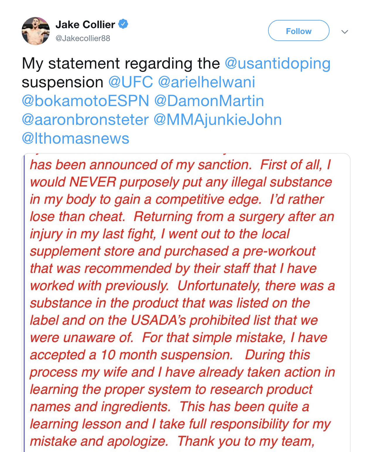UFC Light Heavyweight Accepts 10-Month USADA Suspension -